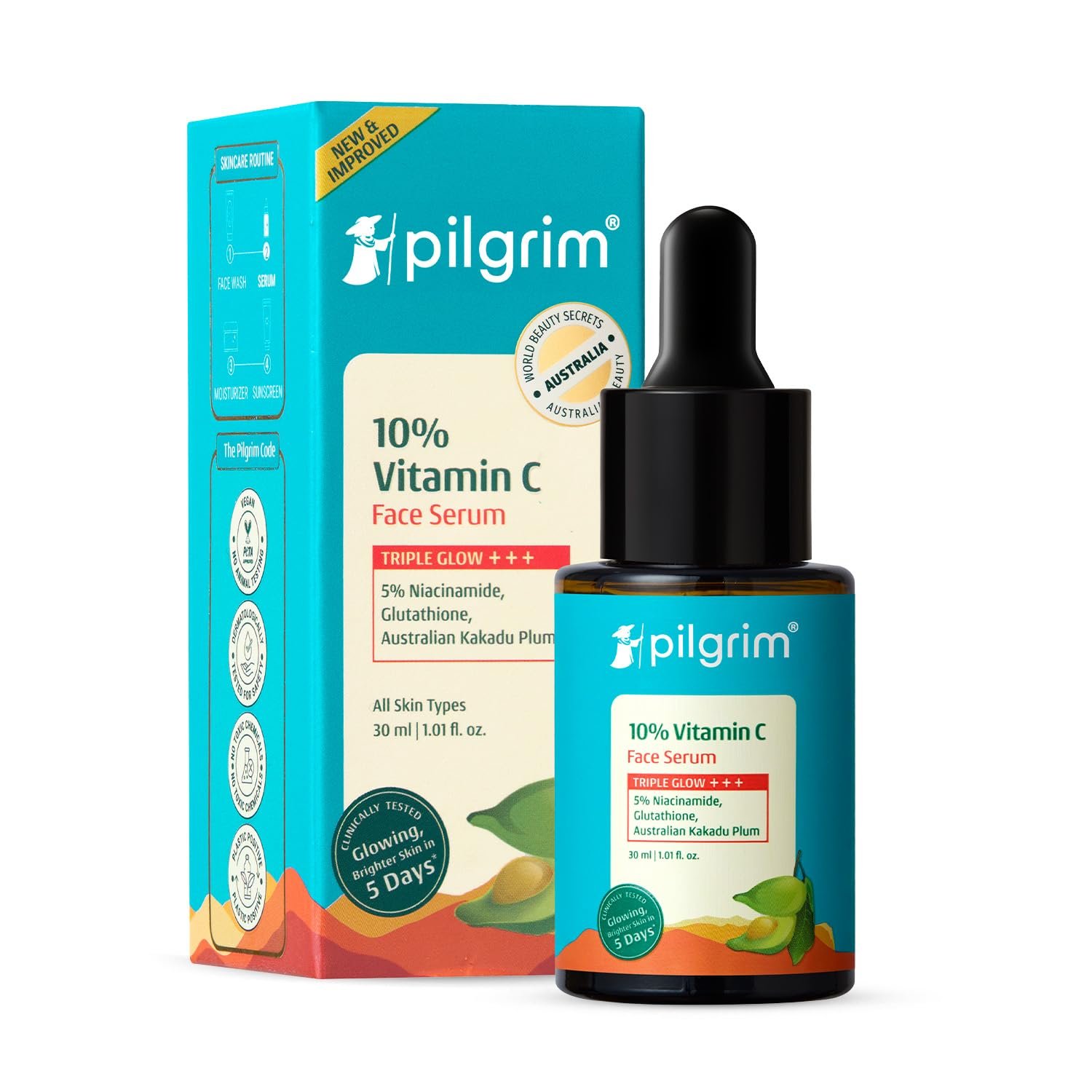 Pilgrim 10% Vitamin C Serum 30ml for Glowing Skin | With 5% Niacinamide, Hyaluronic & Glycolic Acid | Fades Dark Spots, Pigmentation | For All, Oily, Combination, Normal Skin