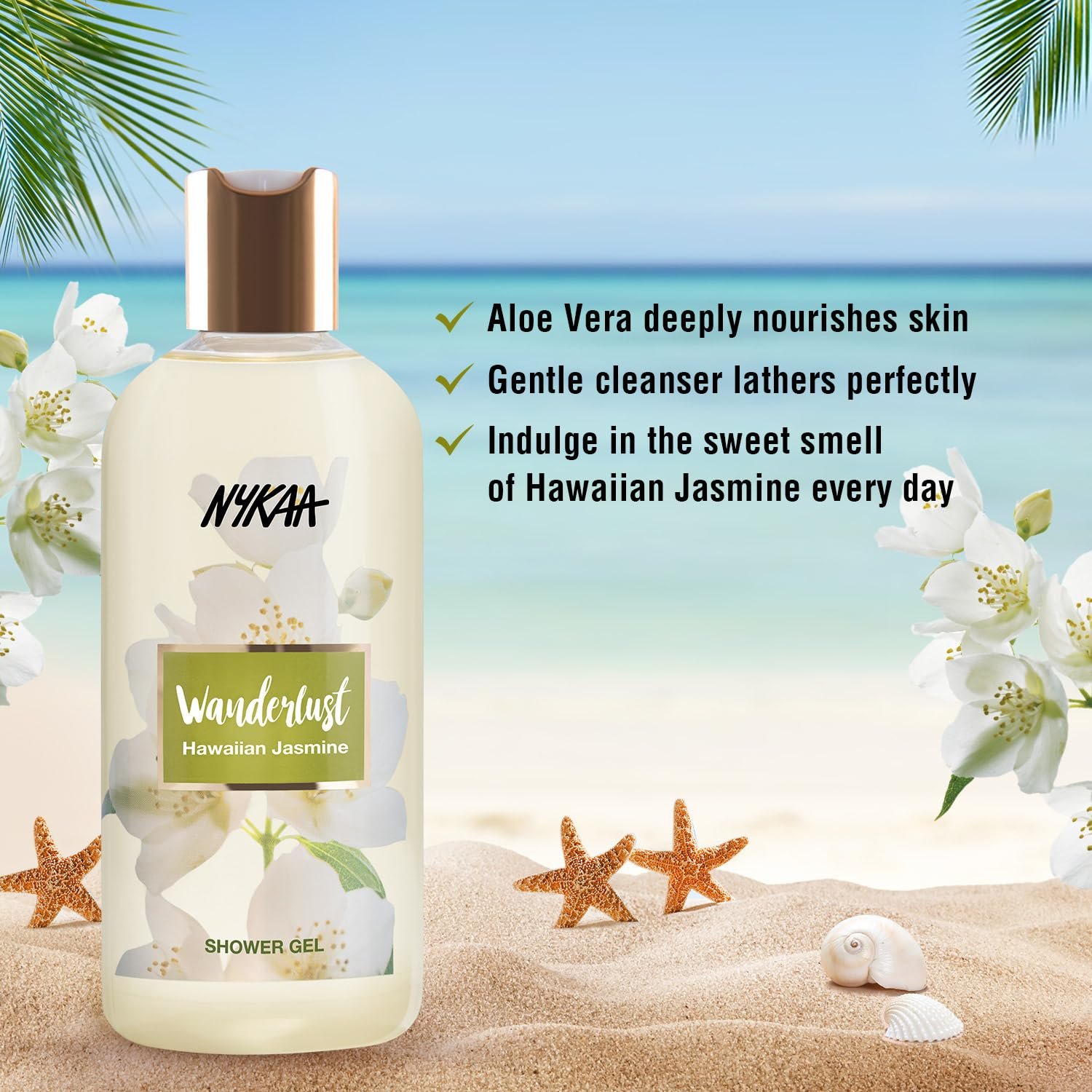 Wanderlust Hawaiian Jasmine Shower Gel, 300 ml| Nourishes & Hydrates| Gentle Cleanser| Sweet Smell of Hawaiian Jasmine|Enriched With Aloe Vera| Paraben-Free, Vegan Formula| thumbnail