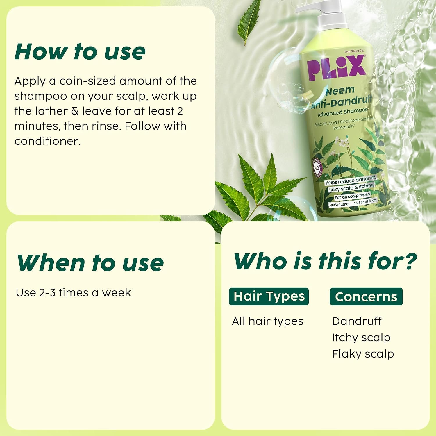 PLIX - THE PLANT FIX Neem Anti-Dandruff Advanced Shampoo | Piroctone Olamine & Pentavitin | Reduces Dandruff | Soothes Itchy Scalp | Moisturizes & Nourishes | Sulphate & Paraben Free|1000ml thumbnail