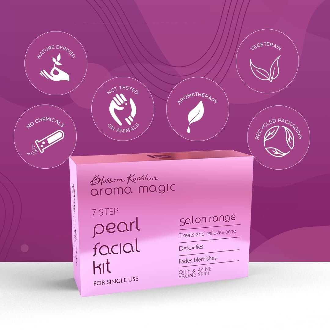 Aroma Magic 7 step Pearl Facial Kit| Anti-Acne, Detox & Lighten blemishes| Pearl Bhasma, Seaweed Extracts| Oily & Acne Prone Skin| Single Use| Pack of 1 (30g + 18ml) thumbnail