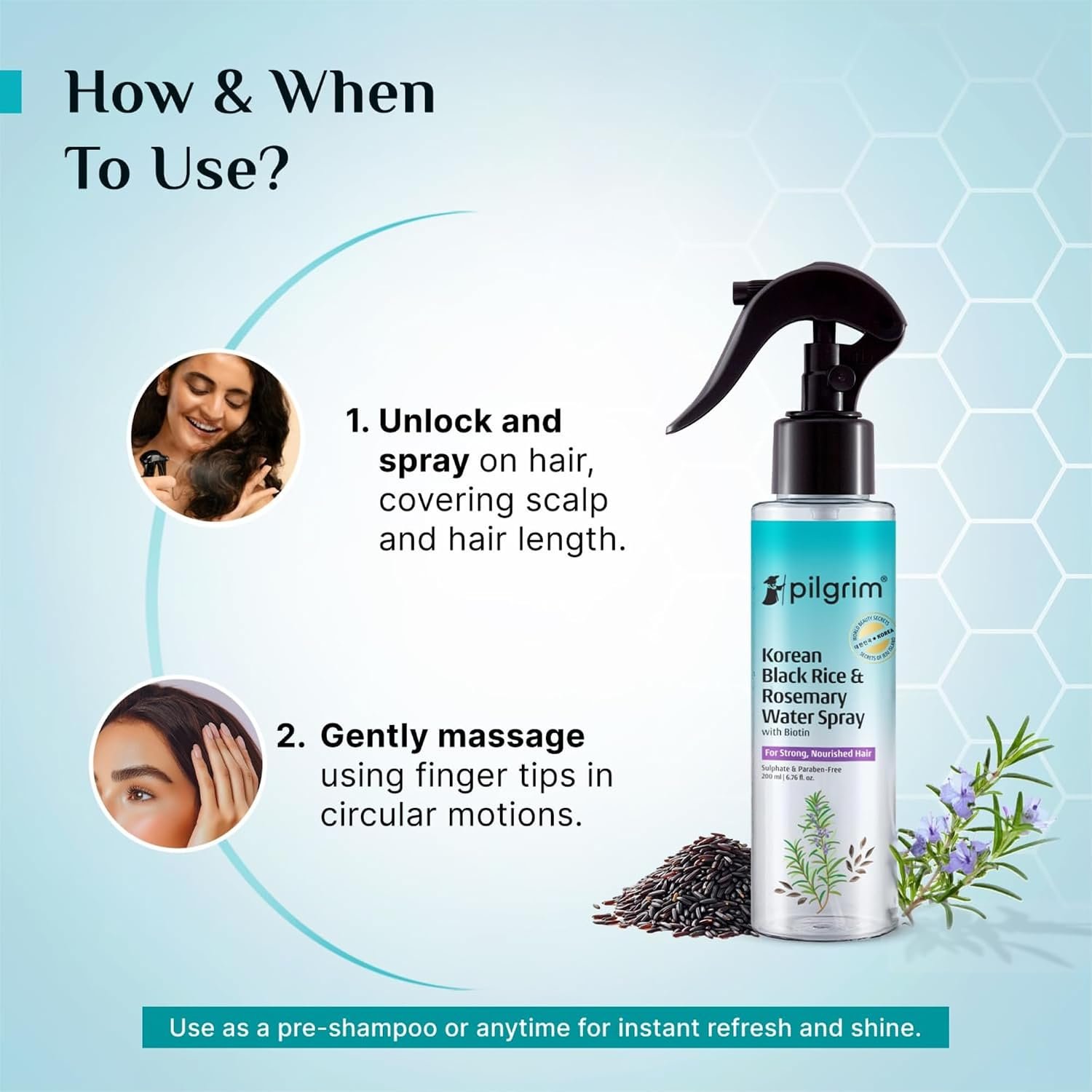 Pilgrim Korean Black Rice and Rosemary Water Spray With Biotin For Strong, Nourished Hair 200ml | Spray for Regrowth | Thicker & Stronger Hair | Sulphate & Paraben Free I For Women for Men thumbnail