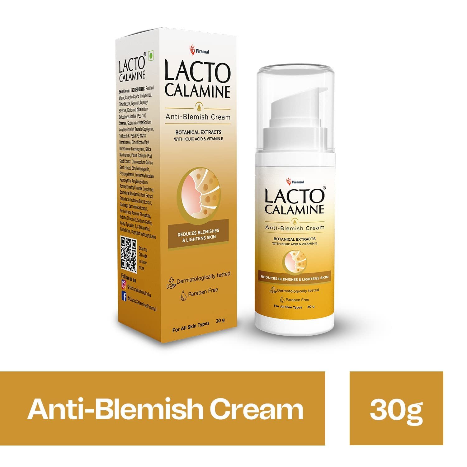 Lacto Calamine Anti Blemish Face Cream | 30g | Kojic Acid, Botanical Extracts & Vitamin E | Reduces Blemishes & Lightens Skin | Lightens Acne Marks & Spots | thumbnail