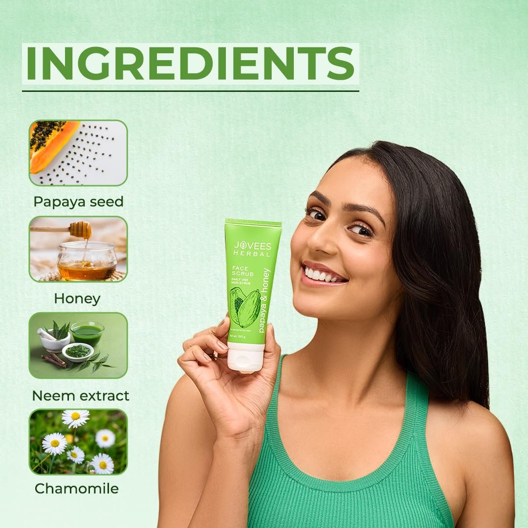Jovees Herbal Papaya & honey Face Scrub | With Honey,Neem & Chamomile Extract | For Normal to Dry Skin | Gently Remove Dead Skin | Improves Uneven Skin Tone | Paraben And Alcohol Free | 100g thumbnail