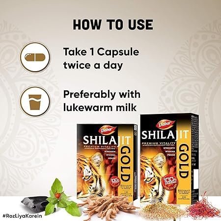 DABUR Shilajit Gold - 20 Capsules | 100% Ayurvedic Capsules for Strength , Stamina and Power | Premium Ayurvedic Supplement | For Men thumbnail
