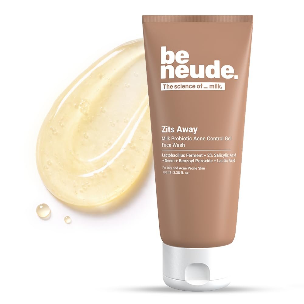 Be Neude Zits Away 100ml Daily Acne Control Face Wash with Milk Probiotics, 2% Salicylic Acid, Neem, Acne Face Wash for Men & Women (Pack of 1)