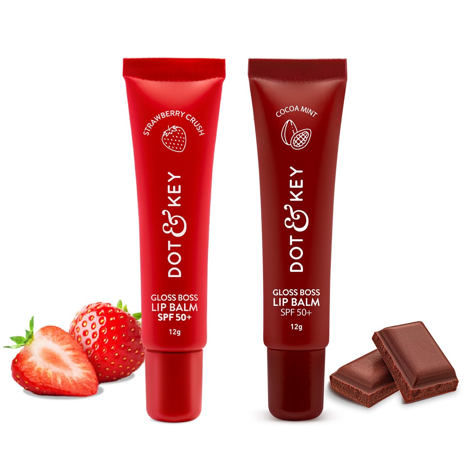 Dot & Key Gloss Boss Lip Duo | Strawberry Crush SPF 50 Lip Balm 12gm & Cocoa Mint SPF 50 LipBalm 12gm | Sun Protected Tinted Lip Balm for Women