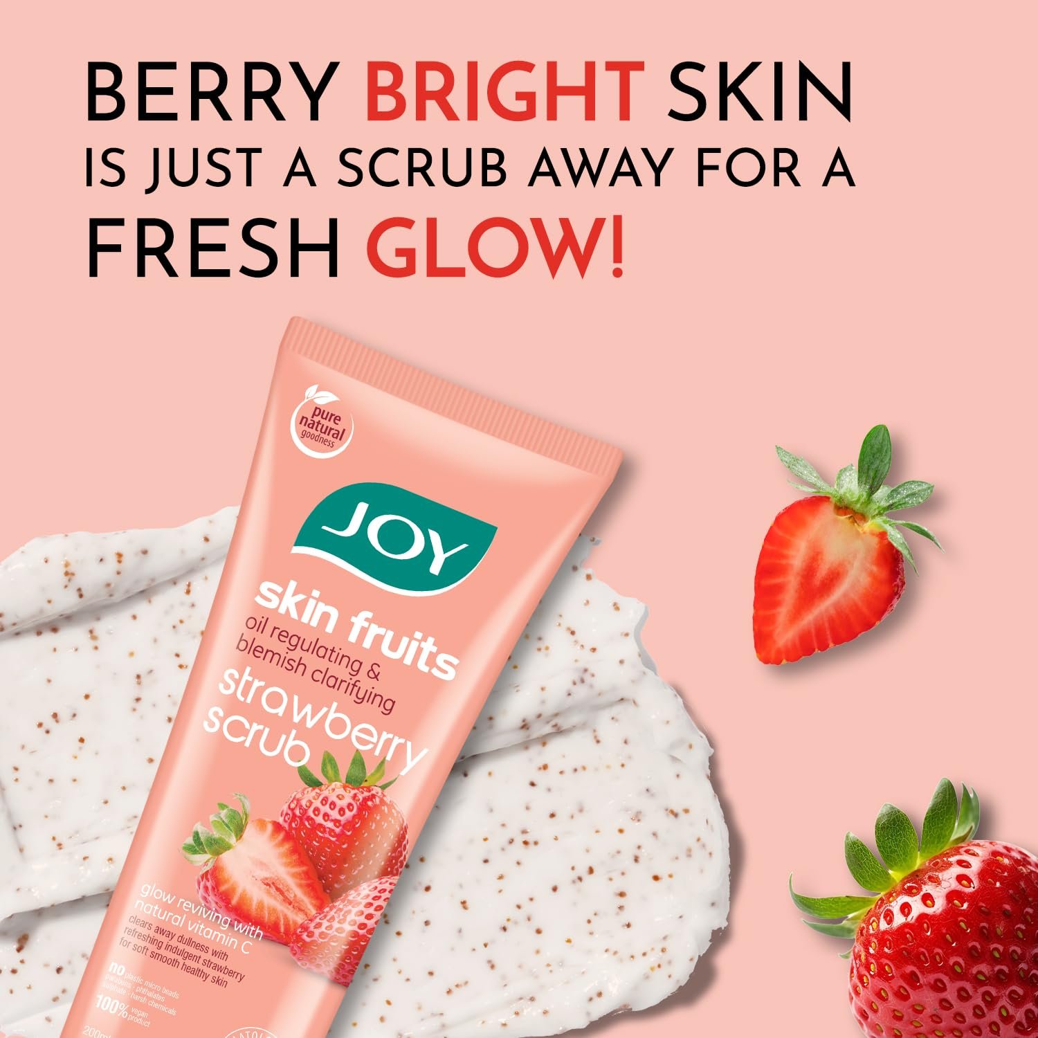 Joy Strawberry Face & Body Scrub for Blackhead Removal & Oil Control - 200gm | Exfoliating Scrub with Vitamin C, Controls Excess Oil & Removes Blemishes | 100% Vegan & Gentle on Skin thumbnail