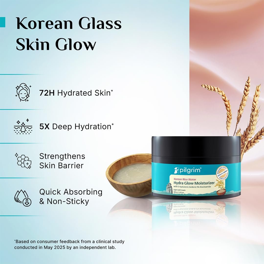 Pilgrim Korean Rice Water Hydra Glow Moisturizer for Glass Skin Glow - 100g 5 Hyaluronic Acids & 3% Niacinamide, Light Gel Cream, Deep Hydration, Boosts Glow, Oil Free, Quick Absorbing thumbnail