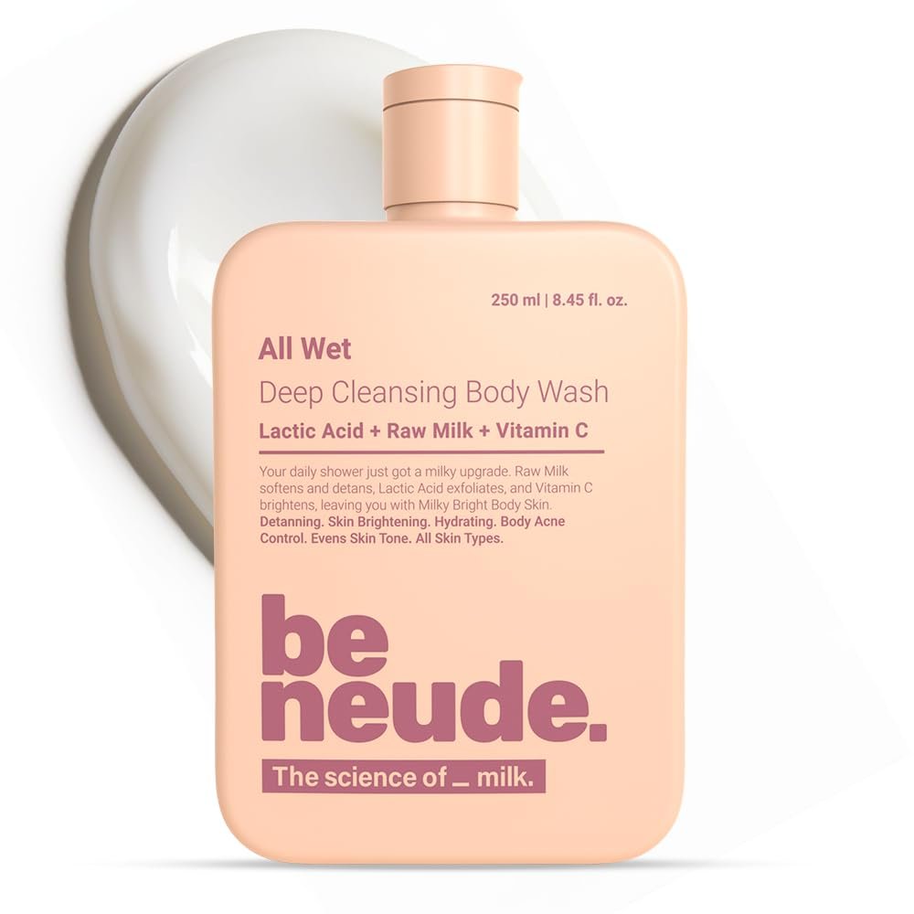 Be Neude All Wet 250ml De-Tan Body Wash with Milk, Lactic Acid, Vitamin C for Skin Brightening, Dark Spot & Pigmentation Reduction; Deep Cleansing Shower Gel Prevents Dryness & Body Acne |