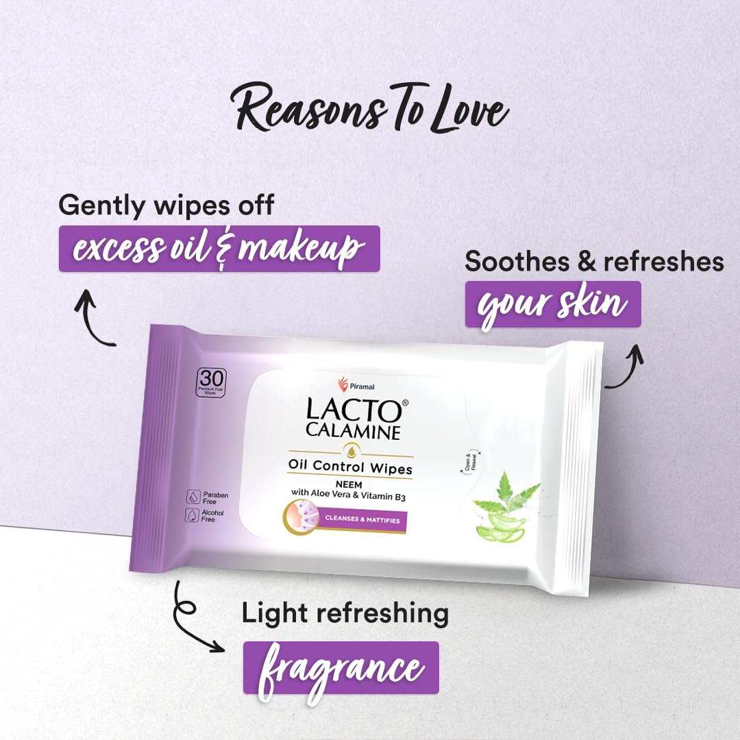Lacto Calamine Oil Control Face Wipes 30N each- Pack of 3 | Makeup Remover Wipes | Wet Tissue for Face With Neem, Aloe Vera & Niacinamide | thumbnail
