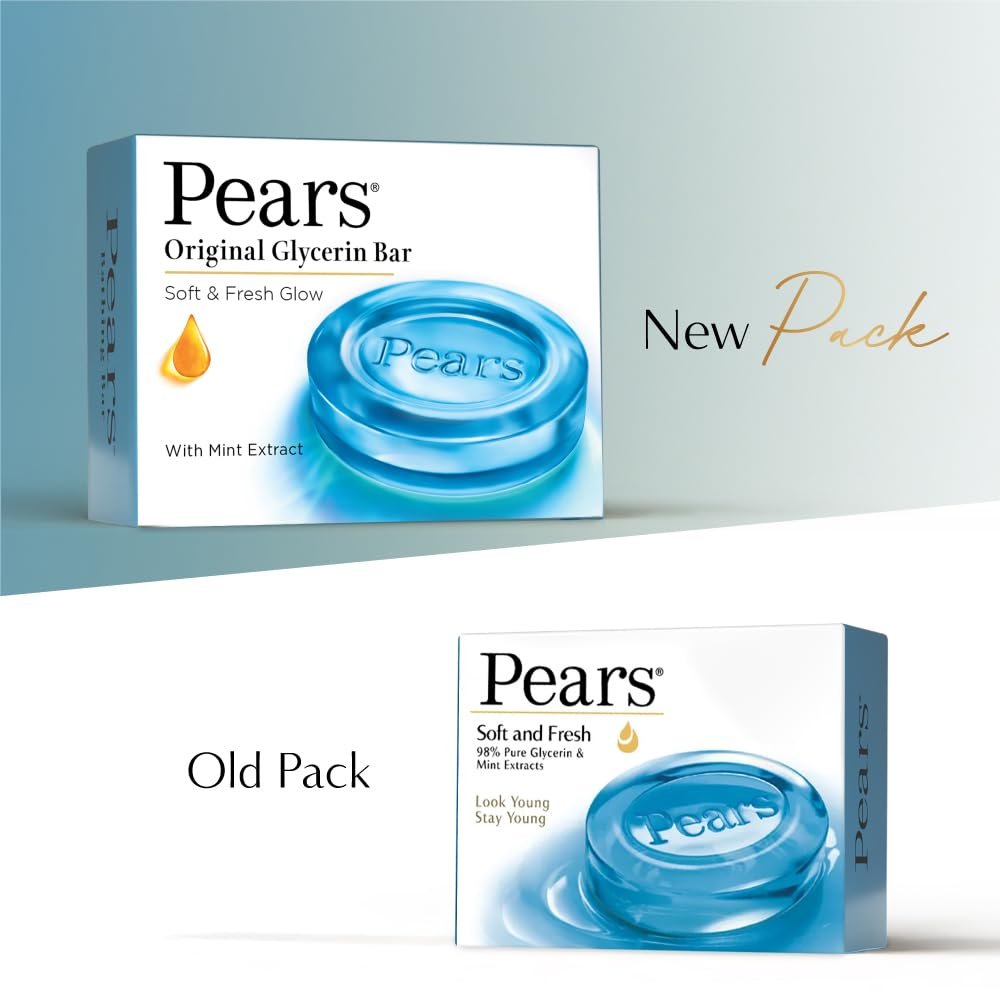 Pears Original Glycerin Soap Bar - Soft & Fresh Glow | With 98% Pure Glycerin & Mint Extract | For a Fresh Glow | With Plant Based Cleanser for Skin & Body | Paraben-free | 125gms x 4 thumbnail