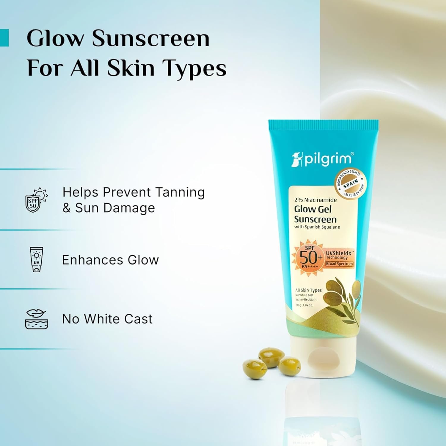 Pilgrim 2% Niacinamide Glow Sunscreen SPF 50 +++ for Women and Men with Spanish Squalane | Enhances Glow, Broad spectrum, Non-greasy, No white cast & Prevents Tanning | All skin types - 50 g thumbnail