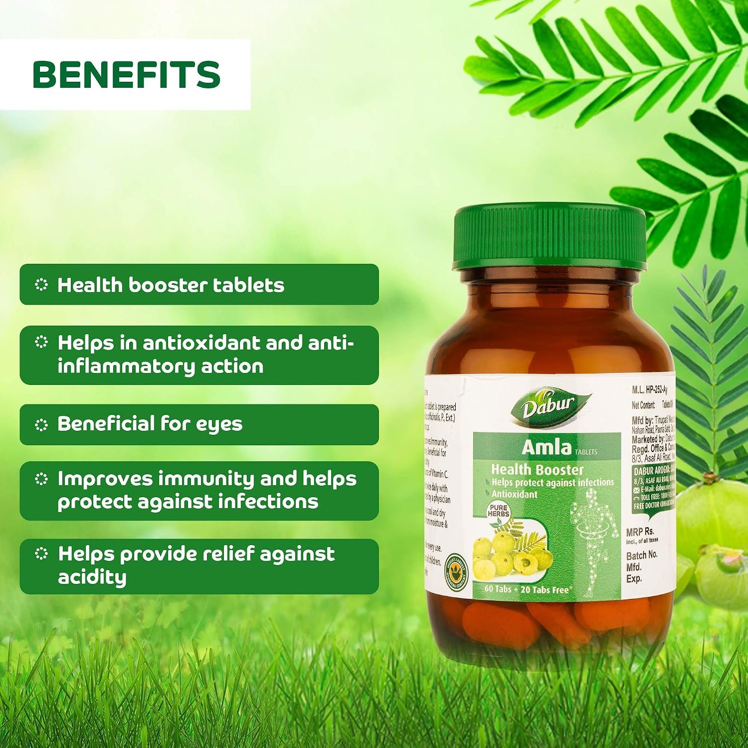 DABUR Amla Tablet - Health Booster | Rich in Antioxidants | Provides Protection against Infections | Pure herbs 60 tabs ( Get 20 tabs free) thumbnail