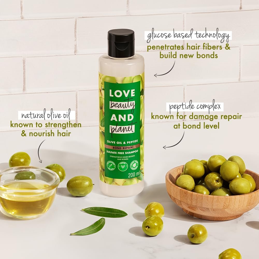 Love Beauty & Planet Olive Oil & Peptide Bond Repair Shampoo | Sulfate-Free & Paraben-Free Hair Cleanser for Damaged Hair | Helps Strengthen, Smooth & Improve Hair Manageability | 400ml thumbnail