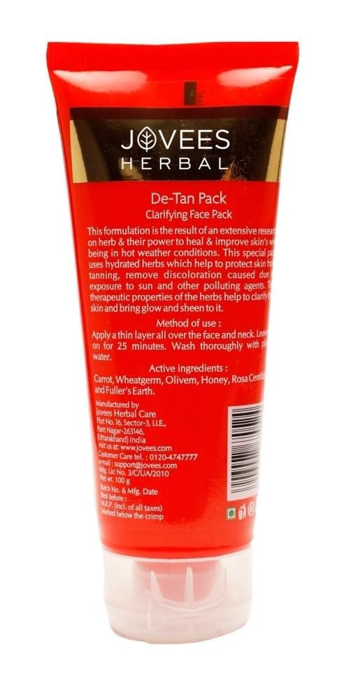 Jovees Herbal De-Tan Face Pack | Contains Wheat Germ and Carrot | For Tan Removal and Skin Revitalization | Bright and Glowing Skin | 100% Herbal | Paraben And Alcohol Free | 100gm thumbnail