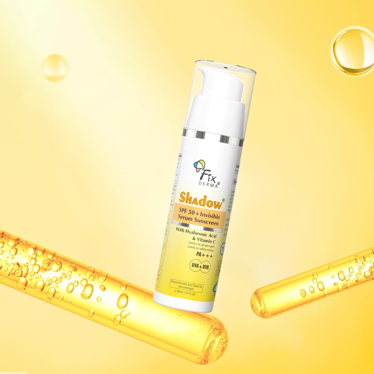 FIXDERMA Shadow Invisible Serum Sunscreen SPF 50+ PA+++|Ultra Lightweight Transparent Sunscreen with Vitamin C & Hyaluronic Acid|No White Cast | Airless Pump 30 ML thumbnail