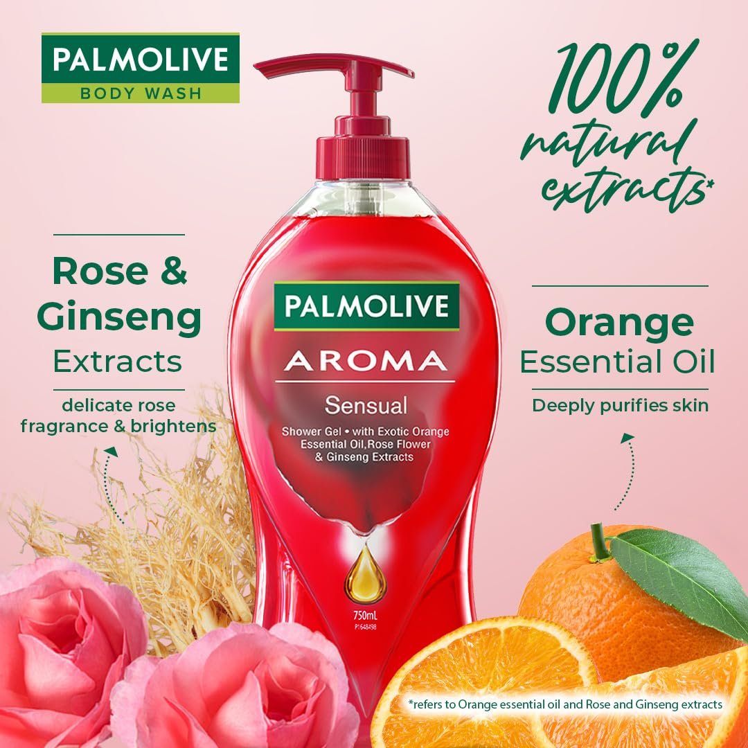 Palmolive Rose, Orange Essential Oil & Ginseng Aroma Sensual Body Wash | Soothing & Brightening | Glowing & Youthful skin | No paraben & silicones, pH balanced, Body Wash 750ml thumbnail