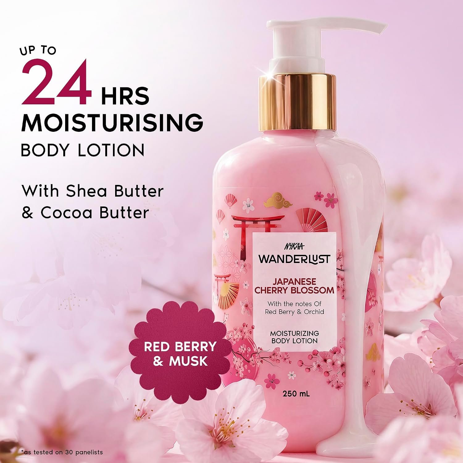 Nykaa Wanderlust Japanese Cherry Blossom Moisturising Body Lotion, 300 ml | Red berries and Sakura Perfume | Lightweight, Long-Lasting Hydration | Vegan, Paraben-Free I | thumbnail