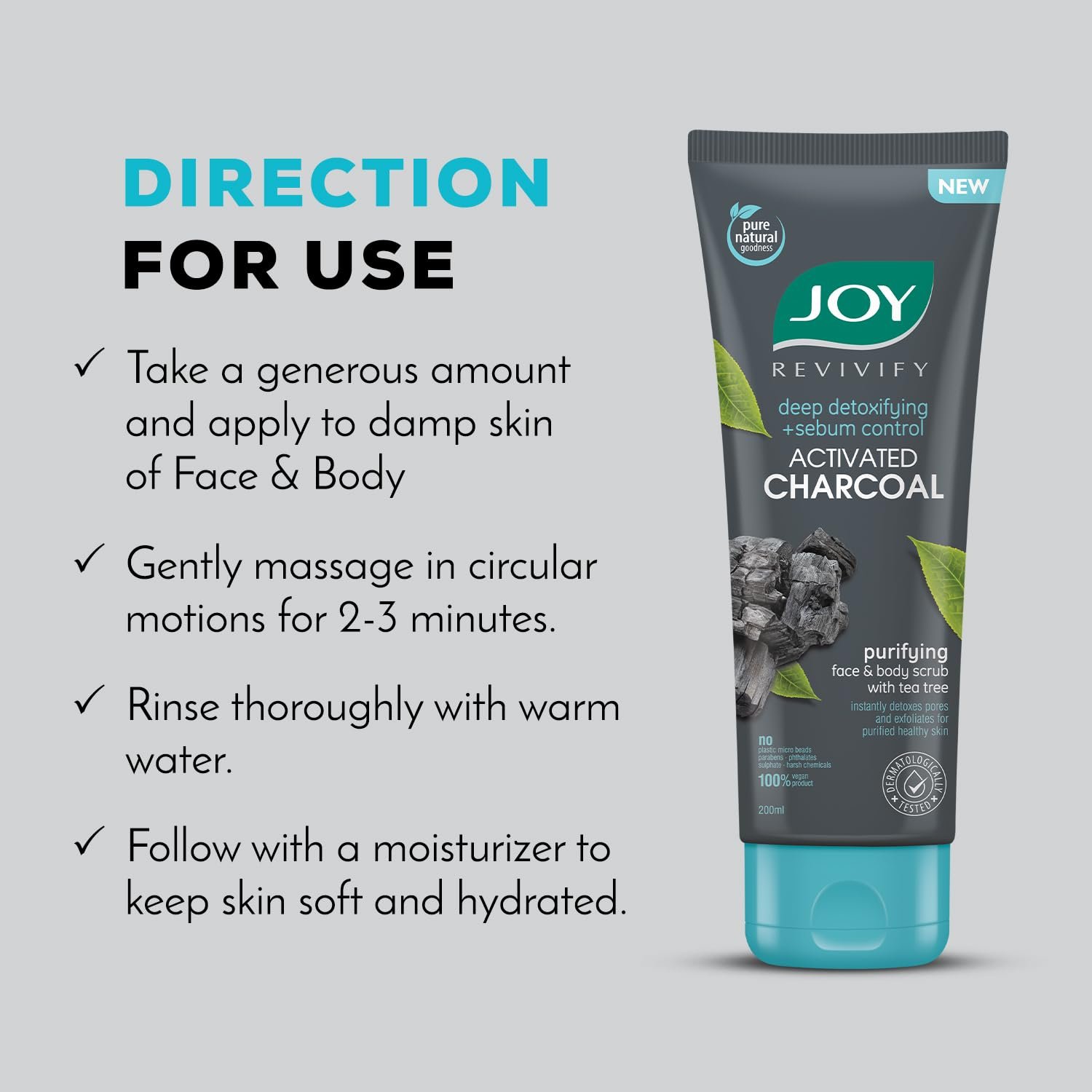 Joy Exfoliating Charcoal Face Scrub for Men & Women (200gm) | Oil Control Scrub For Face with Tea Tree | Detoxifies & Purifies All Skin Types | 100% Vegan; Gentle on Skin thumbnail