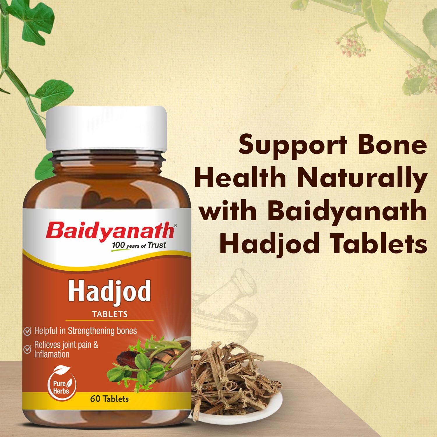 Baidyanath Ayurved Hadjod - 60 Tabs | Pure Natural Ayurved Tablets | For Joint Health, Wellness Tablets | Helps in Weight And Bone Support thumbnail