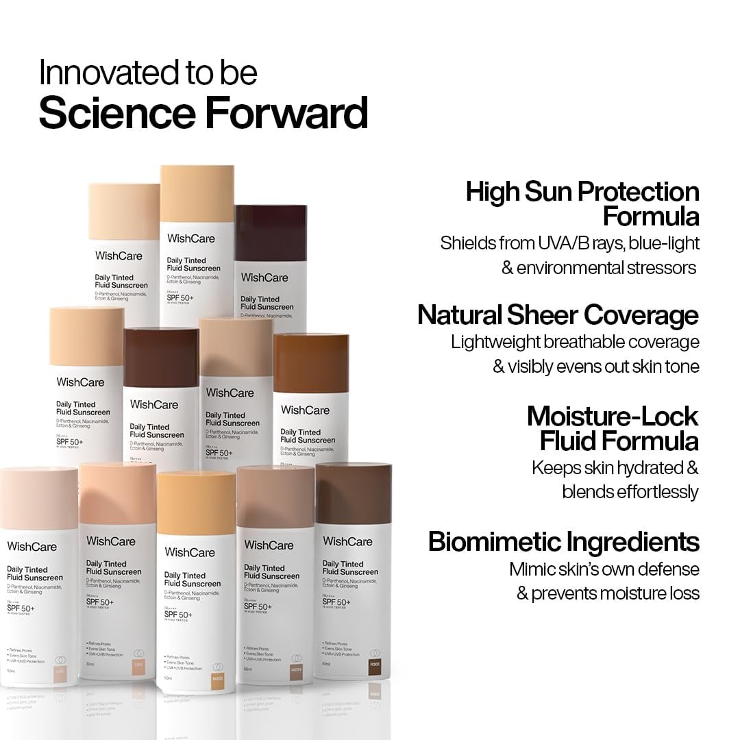 WishCare Daily Fluid Tinted Sunscreen SPF50 PA++++| M203 | Broad Spectrum Protection for all skin types | In-Vivo Tested Tinted Sun Screen |  Evens & Protects | 50ml thumbnail