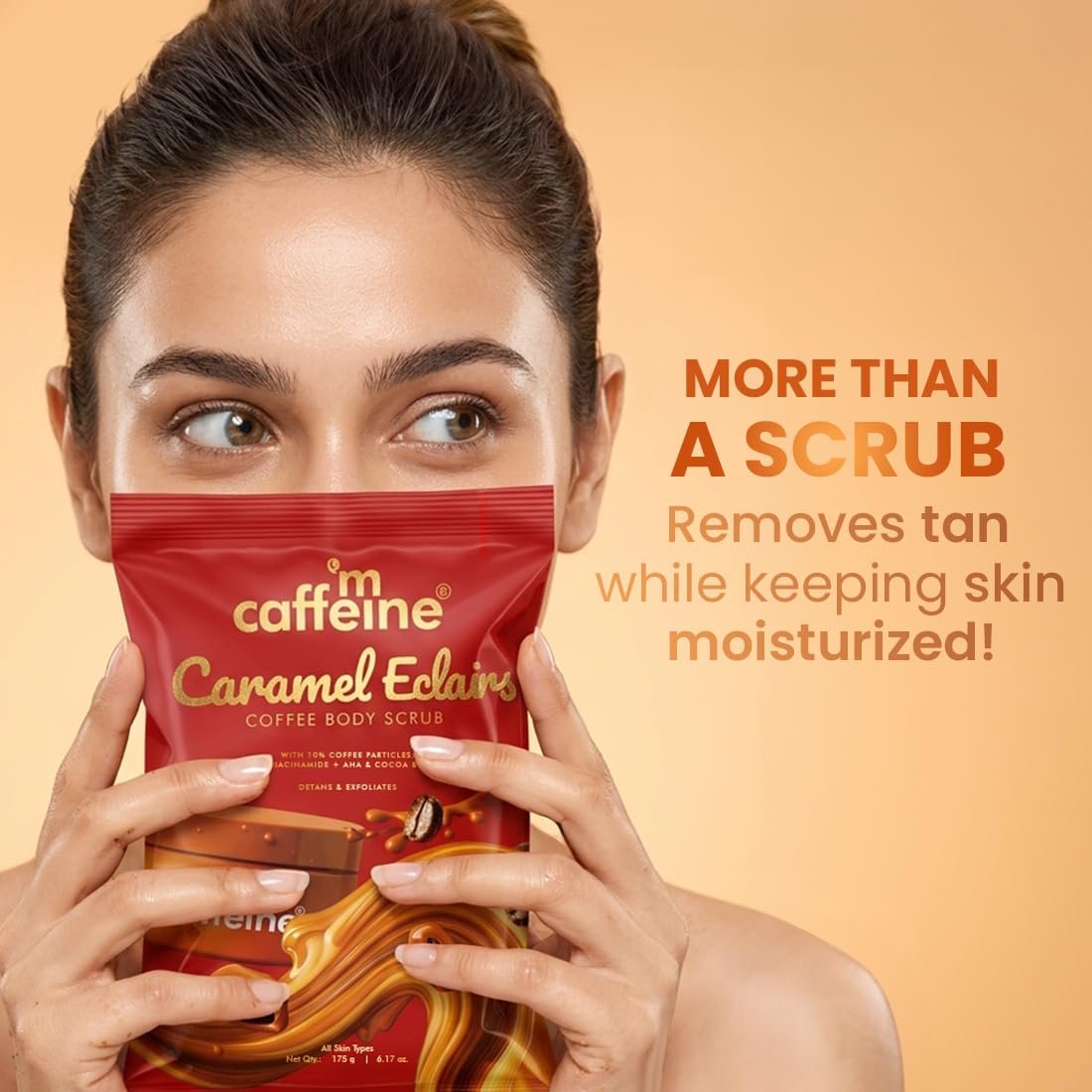mCaffeine Caramel Eclairs Coffee Body Scrub for Removing Tan & Dead Skin| 10% Coffee Grounds, AHA- Glycolic & Lactic Acid | Sweet Caramel Fragrance - 175g thumbnail