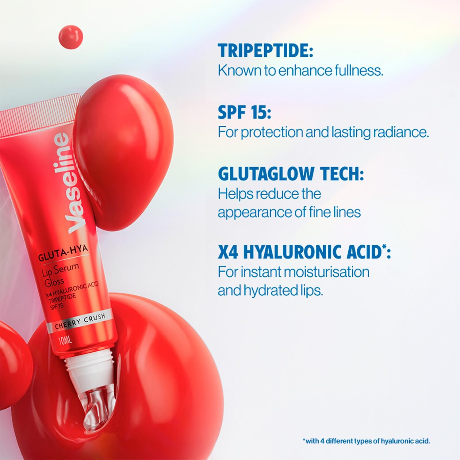 Vaseline Gluta-Hya Cherry Crush Lip Gloss, Serum Lip Care with Hyaluronic Acid and GlutaGlow Technology, Tints, Plumps and Protects with SPF15 for Plumper Lips | 10 ml thumbnail