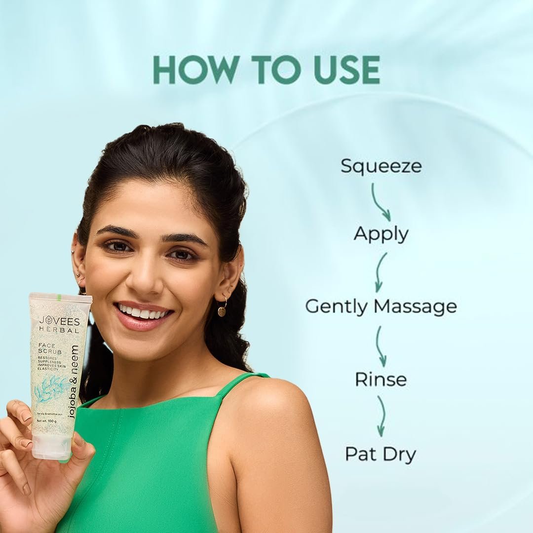 Jovees Herbal Jojoba & Neem Face Scrub | With Neem & Wheatgerm Extract | For Oily to Sensitive Skin | Gently Removes Dead Skin | Reduces Signs Of Premature Ageing 100 G thumbnail