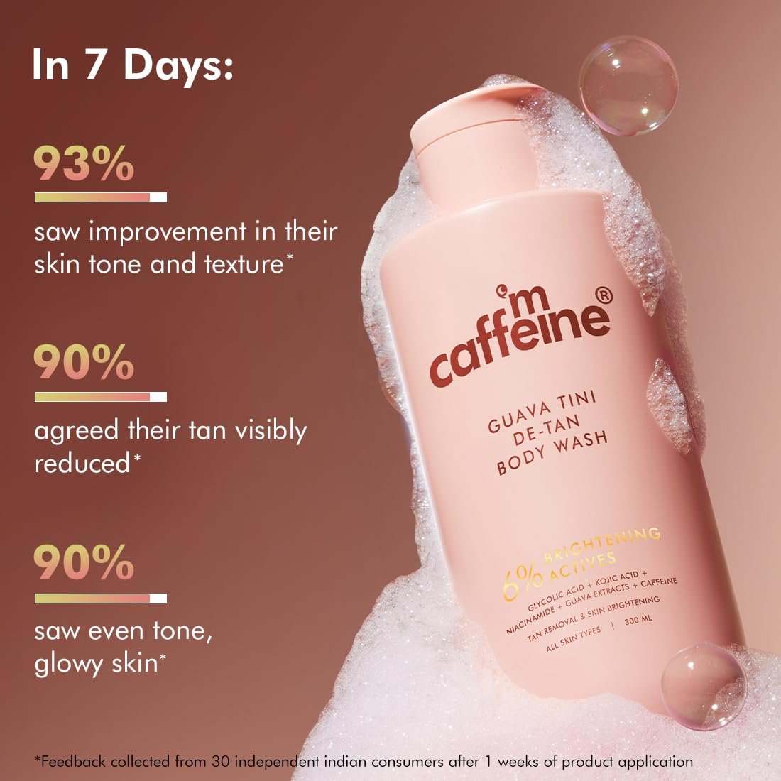 mCaffeine 1% Glycolic Acid Detan Body Wash 300ml | 2% Niacinamide, 3% Kojic Acid-Glutathione | Brightens, Hydrates, Reduces Dark Spots & Evens Tone |  Guava Shower Gel for Dry Skin thumbnail