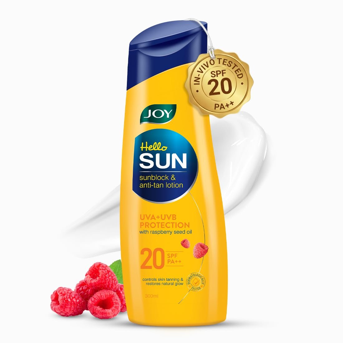 Joy Hello Sun Body Sunscreen Lotion SPF20 PA++ (300ml) | INVIVO Tested | UVA + UVB Protection | Tan Control and restores Glow | Lightweight, Fast Absorbing & Zero White Cast | For Normal to