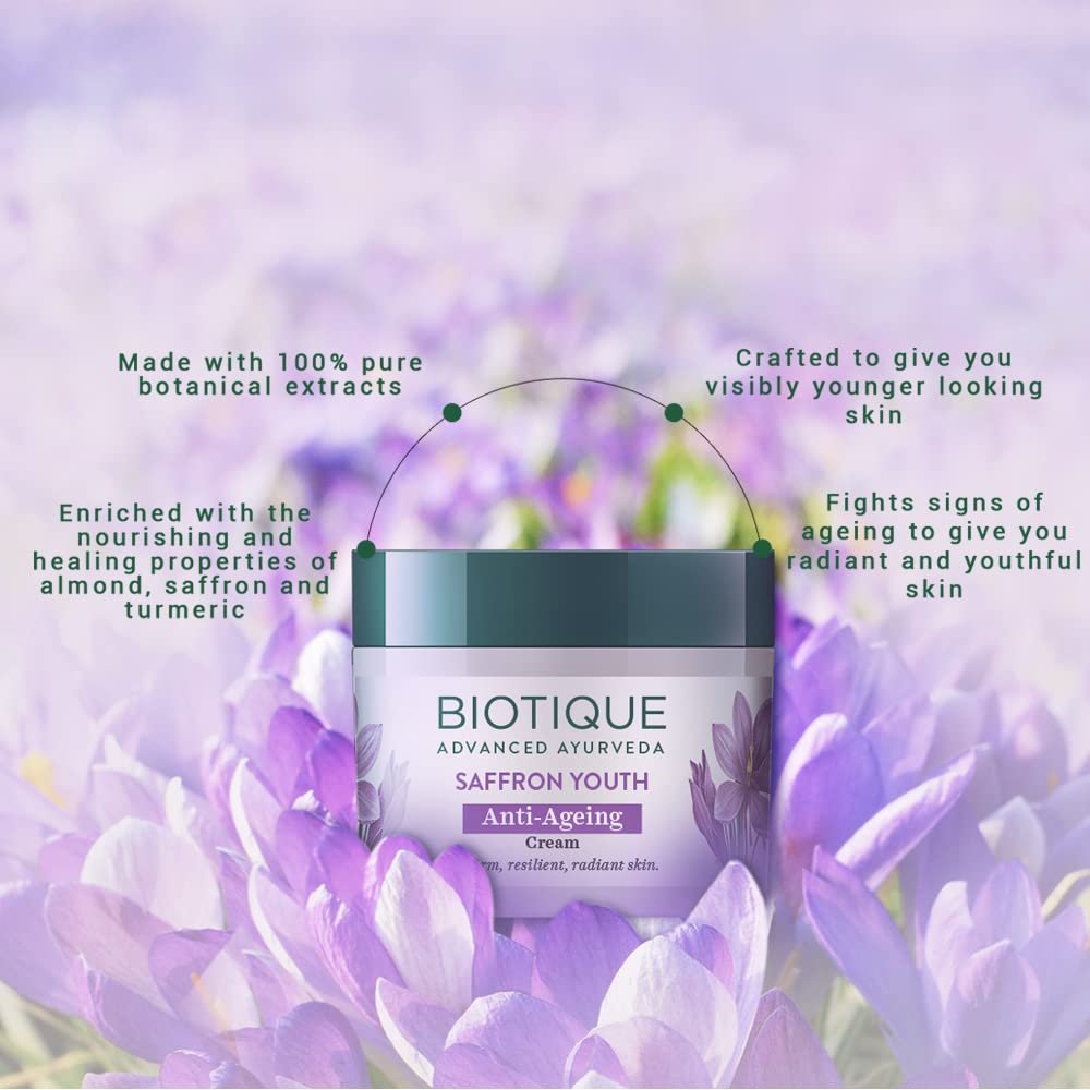 Biotique Bio Saffron Dew Youthful Moisturizer | Protects Skin Cells | Prevents Ageing and Retains Youthful Glow | 100% Botanical Extracts | Suitable for All Skin Types | 50g thumbnail