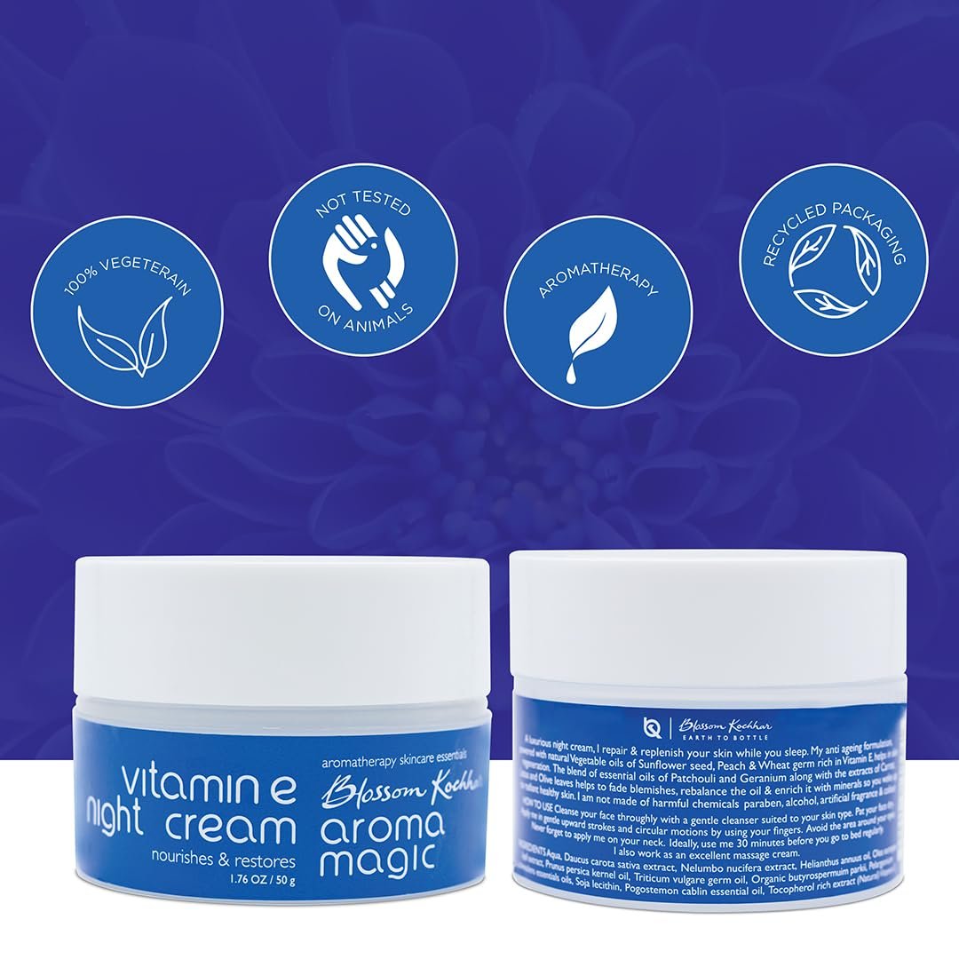 Aroma Magic Vitamin E Night Cream| Repairs, replenishes, & lightens blemishes| Carrot & lotus extract, sunflower oil, shea butter, geranium & patchouli essential oil| All Skin Type -50g thumbnail