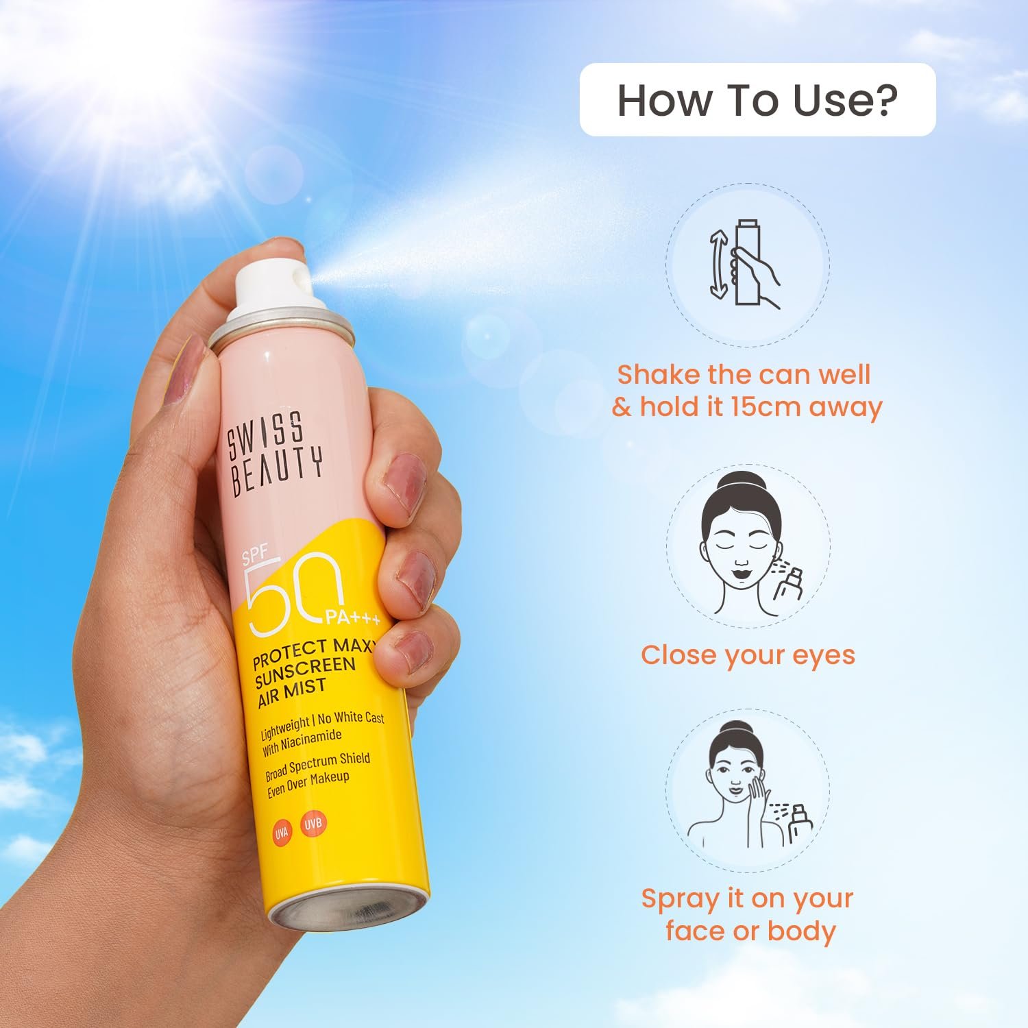 SWISS BEAUTY Protect Maxx Sunscreen Air Mist | SPF 50 PA+++ | With Niacinamide | UVA+UVB Protection For All Skin Type | Even Over Makeup | For Face & Body | 80ml thumbnail