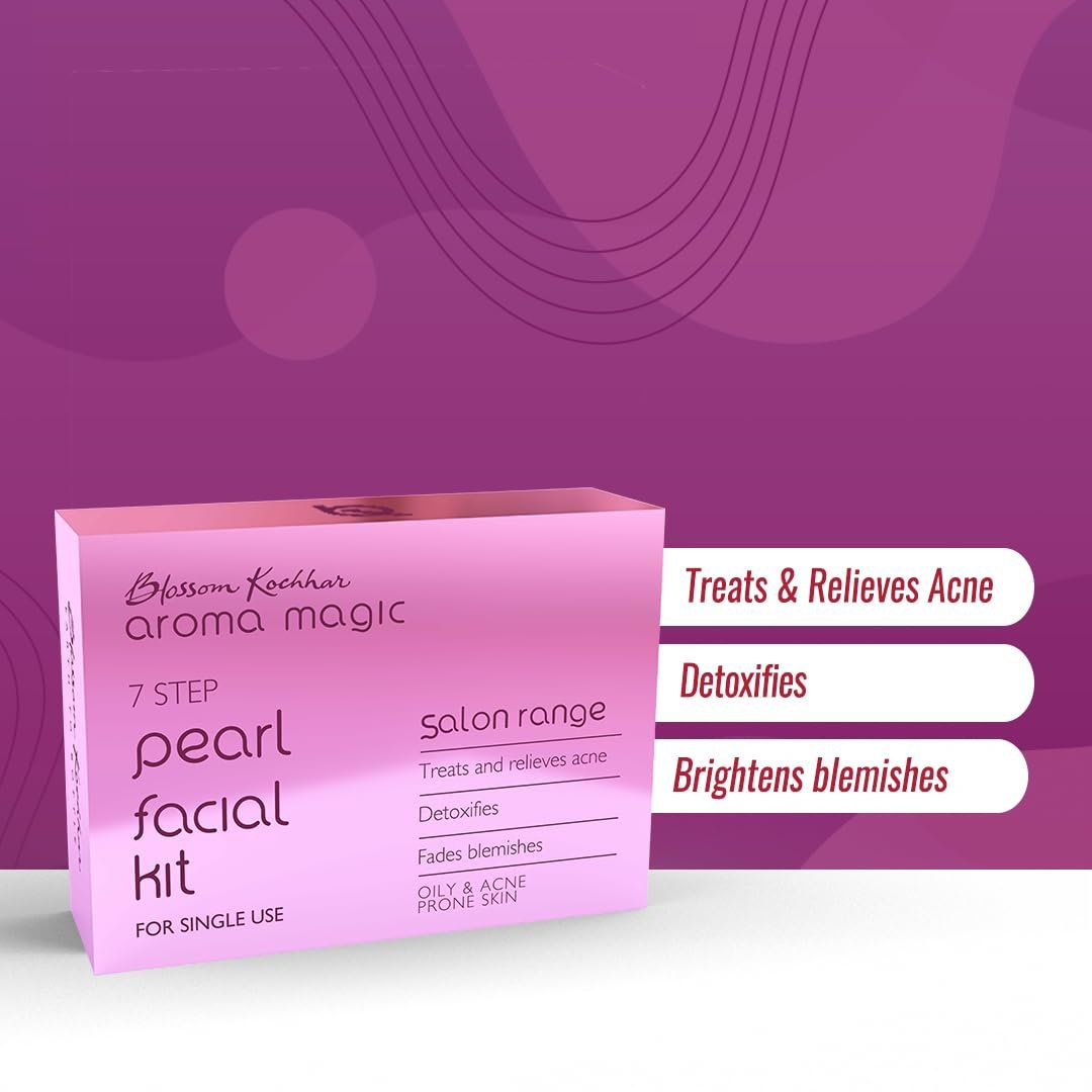Aroma Magic 7 step Pearl Facial Kit| Anti-Acne, Detox & Lighten blemishes| Pearl Bhasma, Seaweed Extracts| Oily & Acne Prone Skin| Single Use| Pack of 1 (30g + 18ml) thumbnail