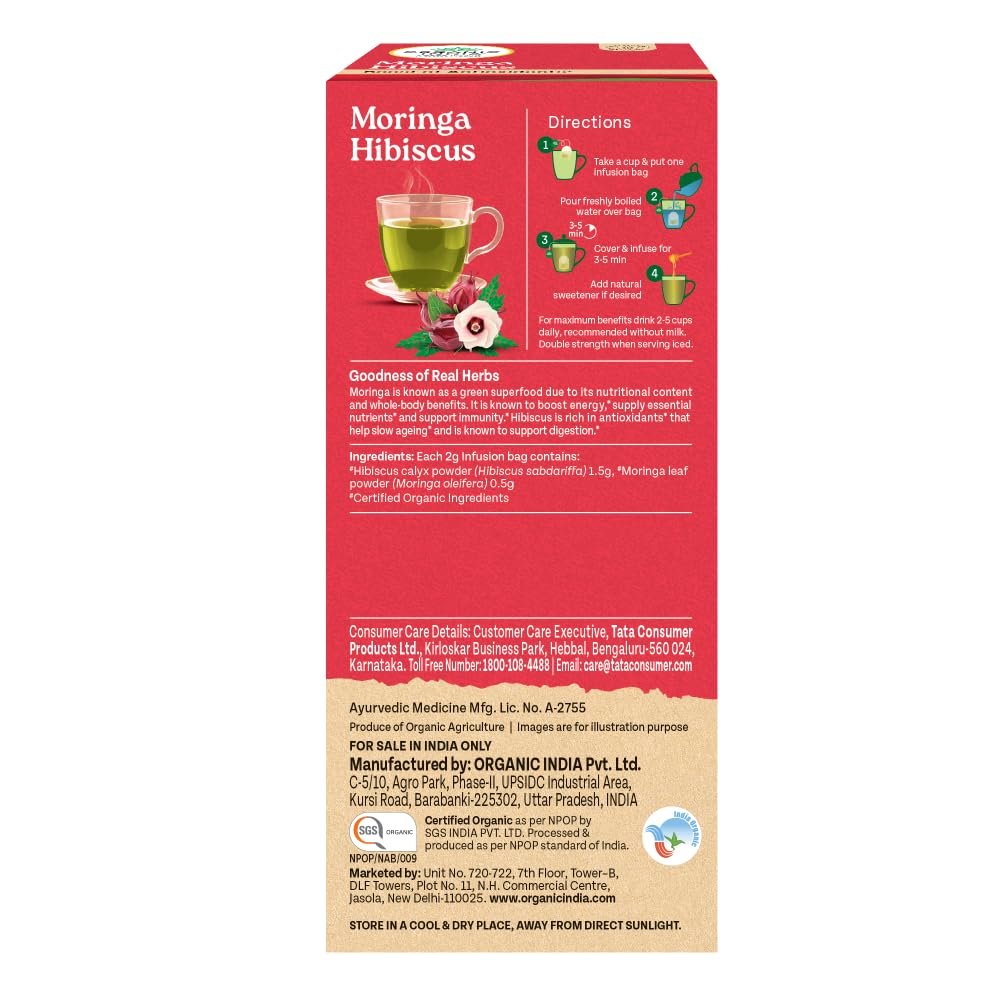A TATA Product - Organic India Moringa Hibiscus Infusion, 25 Tea Bags, Certified Organic, Antioxidant-Rich, Caffeine-Free, Whole Herb Blend thumbnail