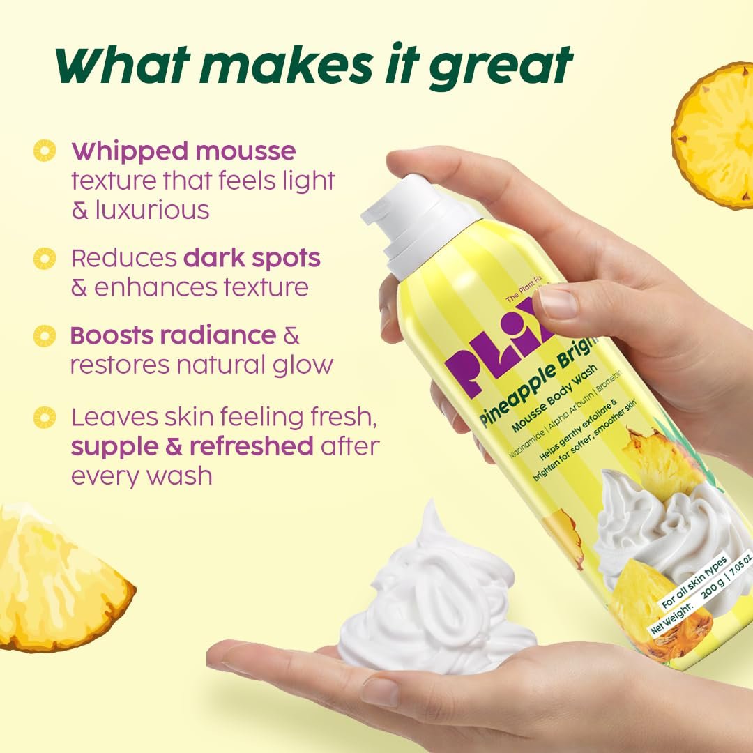 PLIX THE PLANT FIX Pineapple Bright Mousse Body Wash | Foamy mousse wash for Even-Toned Skin | Gentle Exfoliation | Niacinamide (Vitamin B3) | Alpha Arbutin | For Men & Women thumbnail