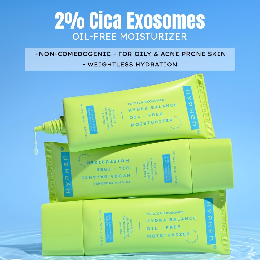 Hyphen 2% Cica Exosomes Oil-Free Moisturizer | 10X Deeper Hydration | Lightweight Water Gel with 5% Niacinamide | Controls Oil, Non-Comedogenic | Acne-Prone, Dry & Oily Skin - 50ml thumbnail