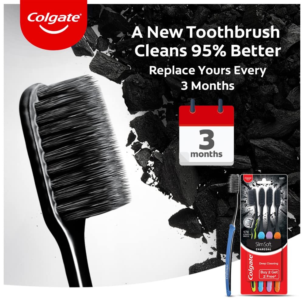 Colgate SlimSoft Charcoal Toothbrush Set of 4 | Soft Bristles | Deep Cleaning thumbnail