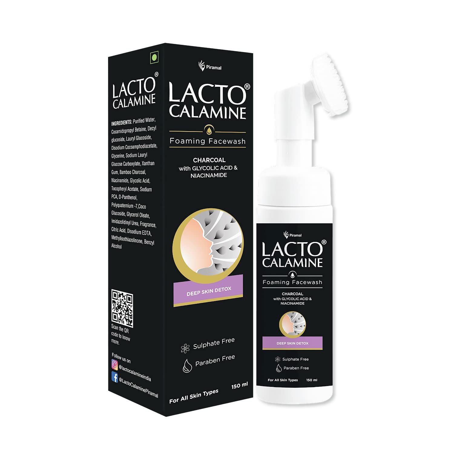 Lacto Calamine Charcoal Foaming Face wash| Deep skin Detox| Cleanse skin impurities| With Built-in foaming Brush|  150 ml