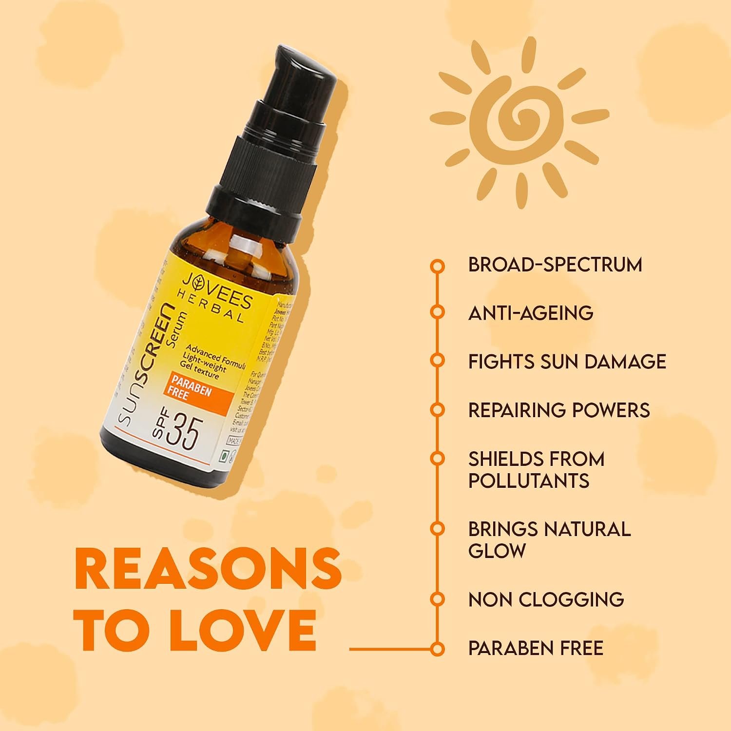 Jovees Herbal Sunscreen Face Serum SPF 35 with Aloe Vera, Carrot and Sunflower Extract, Advanced Light Weight Gel Based Formula For Sun Protection | Sunscreen For Men/Women -30ml thumbnail