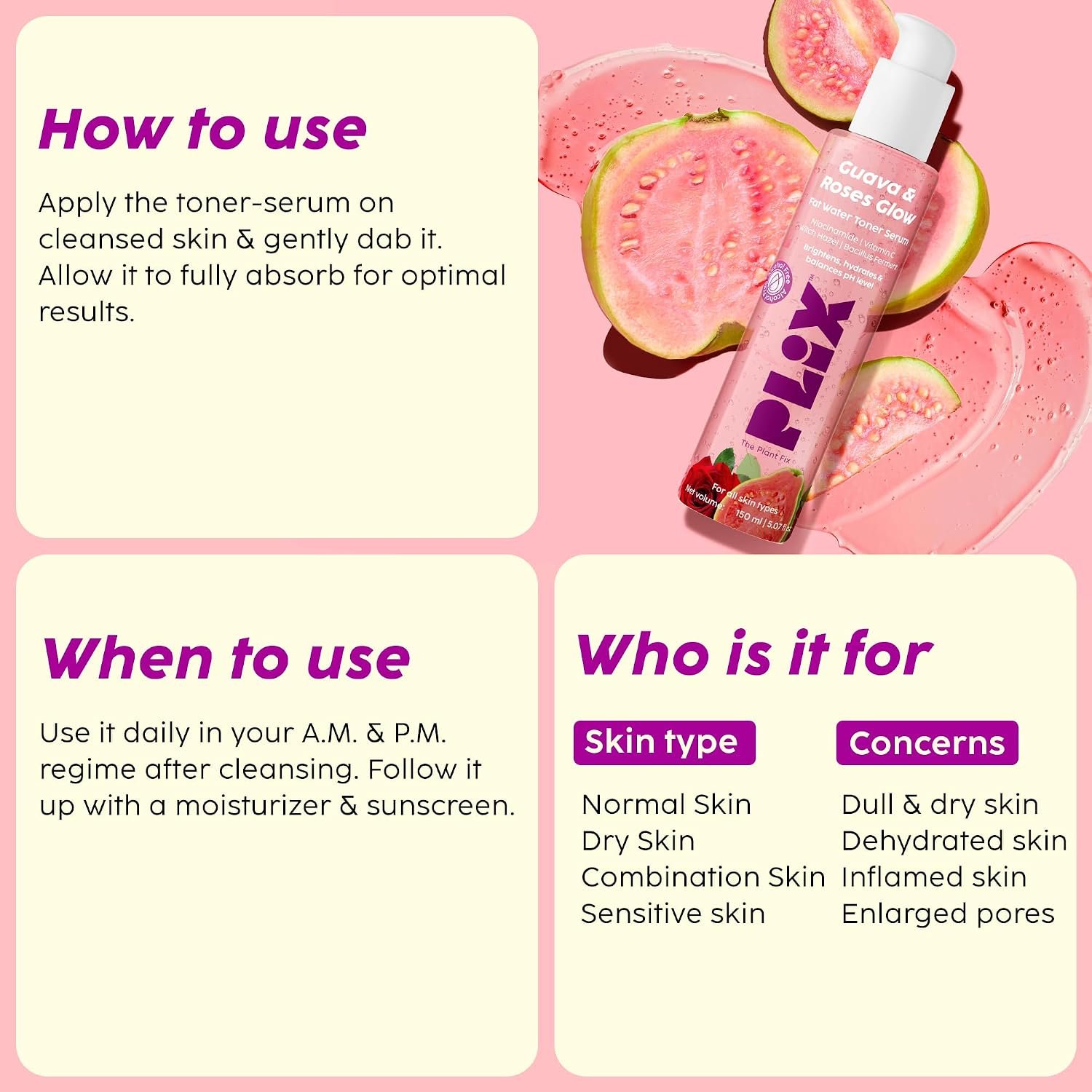 PLIX - THE PLANT FIX Guava & Roses Glow Fat Water Toner Serum | 2-in-1 Toner serum | Fades Blemishes, Tightens & Cleanses Pores | Soothes Redness & Irritated Skin | 150ml thumbnail