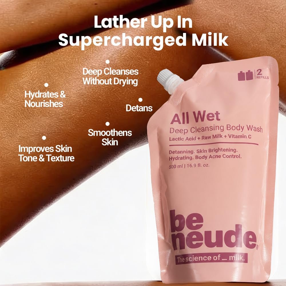 All Wet 500ml De-Tan Body Wash Refill Pack with Milk, Lactic Acid, Vitamin C for Skin Brightening, Dark Spot & Pigmentation Reduction; Deep Cleansing Shower Gel Prevents Dryness & Body Acne thumbnail
