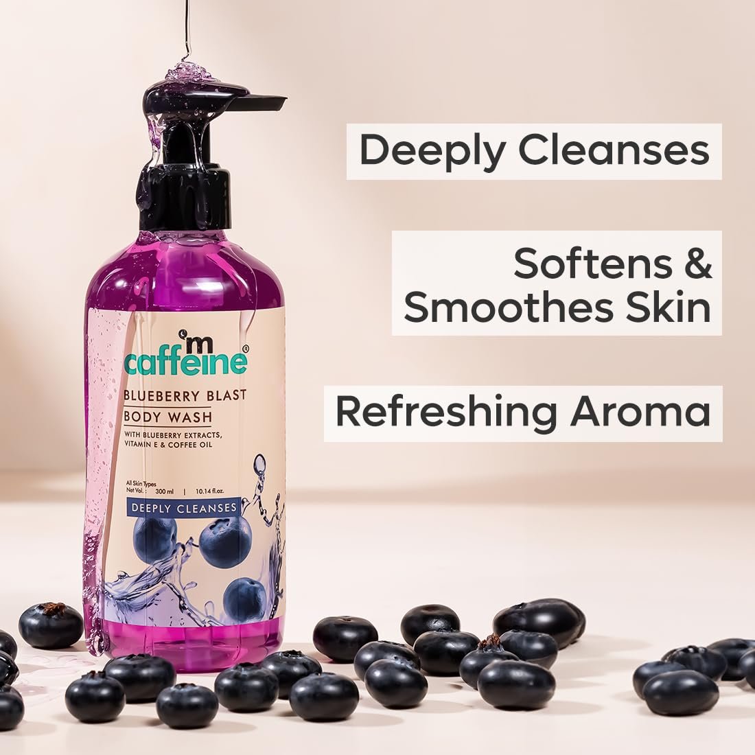 mCaffeine Blueberry Blast Body Wash with Fruity Fresh Blueberry Long Lasting Fragrance - 300 ml | Deep Cleansing & Detan for Soft & Smooth Skin | Shower Gel | thumbnail