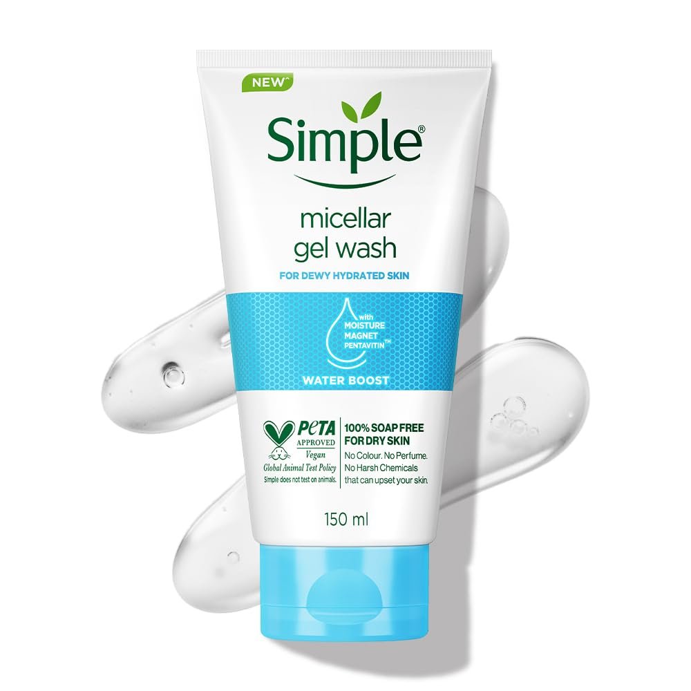 Simple Water Boost Micellar Gel Wash| 100% Soap Free | Gentle Hydrating Facewash with Prebiotics & Panthenol | Cleanser for Dry Sensitive Skin, 150 ml thumbnail