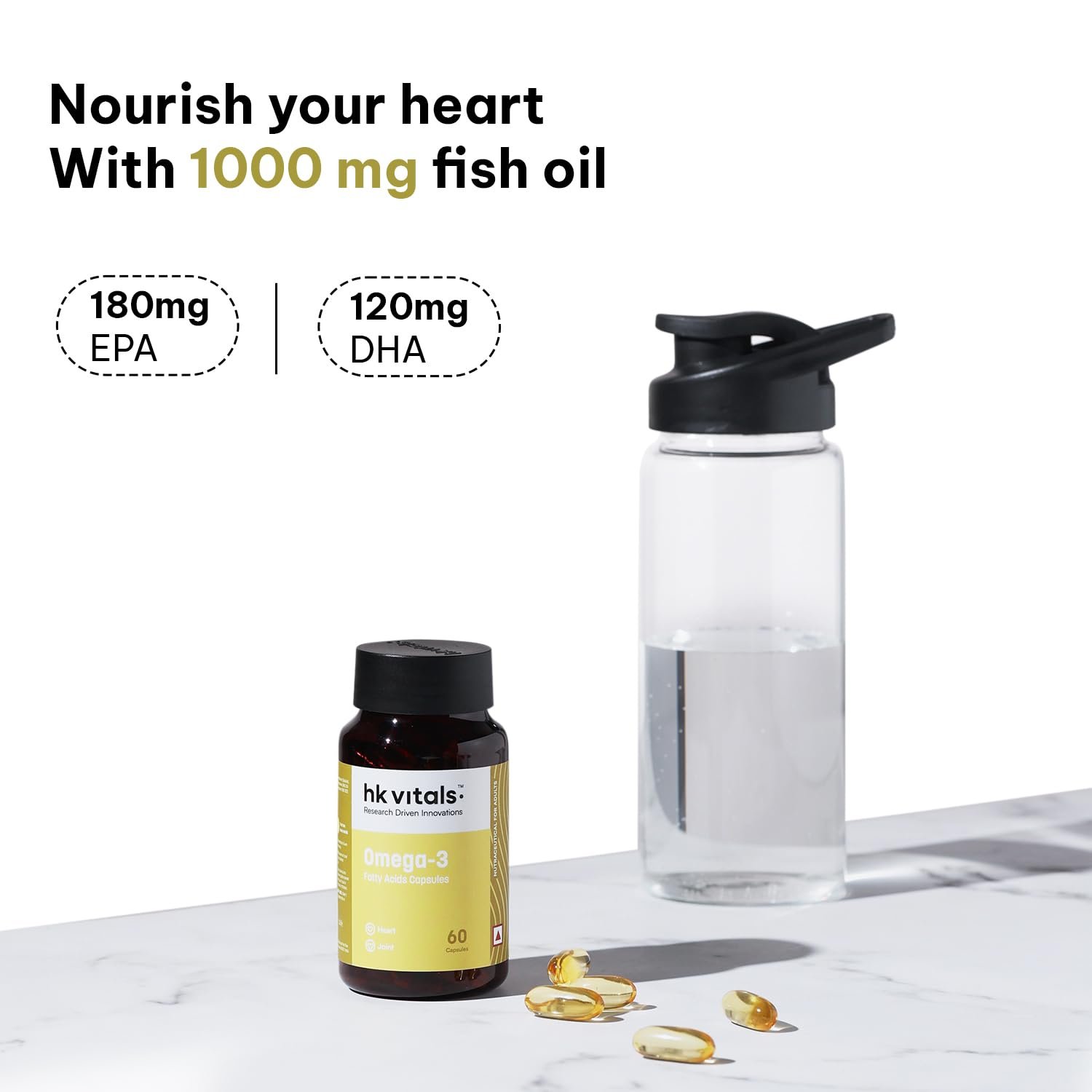 hk vitals Omega 3, 60 Fish Oil Capsules 1000mg with 180mg EPA & 120mg DHA | Supports Brain, Heart, Eye & Joint Health thumbnail