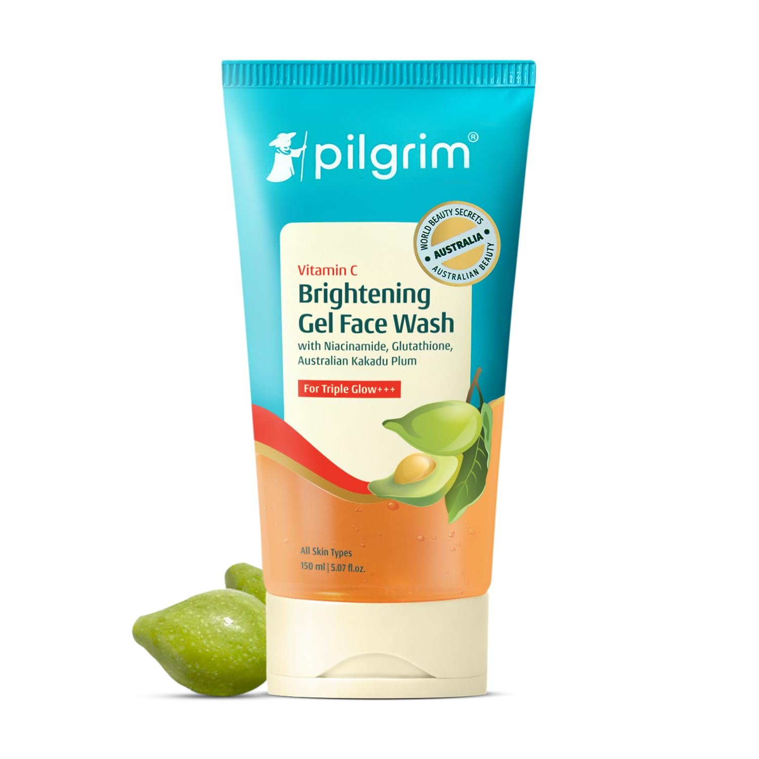 Pilgrim Vitamin C Brightening Gel Face Wash For Glowing Skin - 150ml Triple Glow with Niacinamide & Glutathione, Australian Kakadu Plum, Deep Cleanse, Brightens, Even Tone & Gently Exfoliate