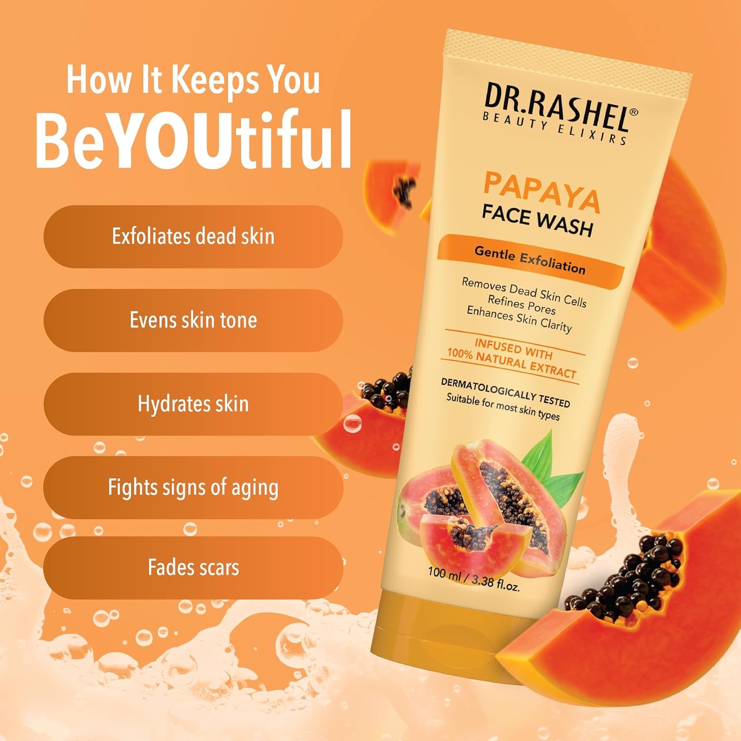 DR.RASHEL Papaya Face wash With Natural Papaya Extracts & Fruits Infused Facewash Deep cleansing and skin brightening for oily and dry skin - 100 ml thumbnail