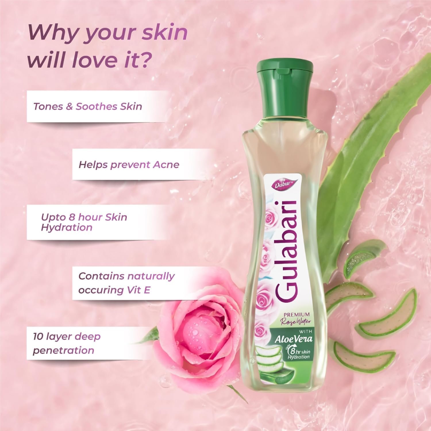 Dabur Gulabari Premium Rose Water with Aloe Vera - 400 ml | Upto 8 HR Skin Hydration | Cleanses, Tones and Moisturises Skin | For All Skin Types thumbnail