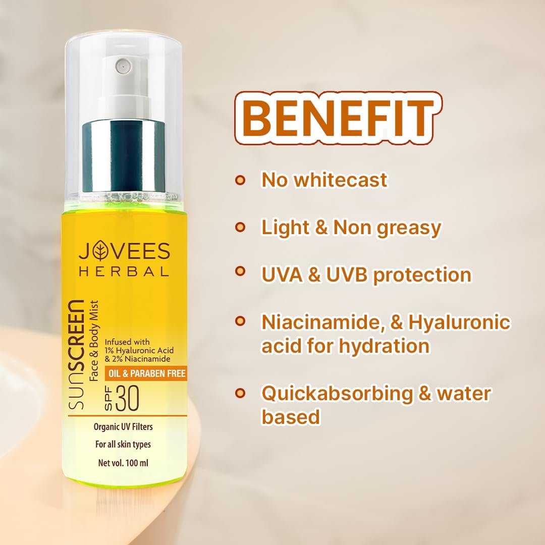 Jovees Herbal Sunscreen Mist SPF 30 – Broad Spectrum Protection For Face & Body with 1% Hyaluronic Acid & 2% Niacinamide | Lightweight & Non-Sticky | Quick Absorbing & Makeup Friendly 100ml thumbnail