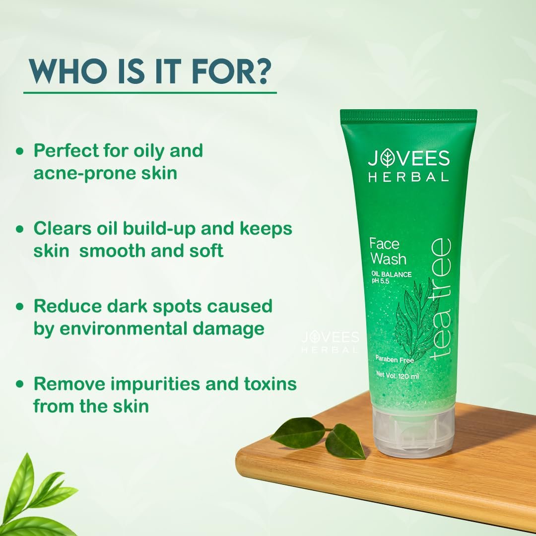 Jovees Herbal Tea Tree Oil Control Face Wash for Oily & Sensitive Skin | Paraben & Alcohol-Free, Controls Oil, Prevents Breakouts, Remove Dead Skin | Gentle Cleanser For All Skin Types -50ml thumbnail